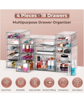 18 Drawers Acrylic Organizer for Makeup, Organization and Storage, Art Supplies, Jewelry, Stationary - 4 Pcs Clear Stackable Storage Drawers