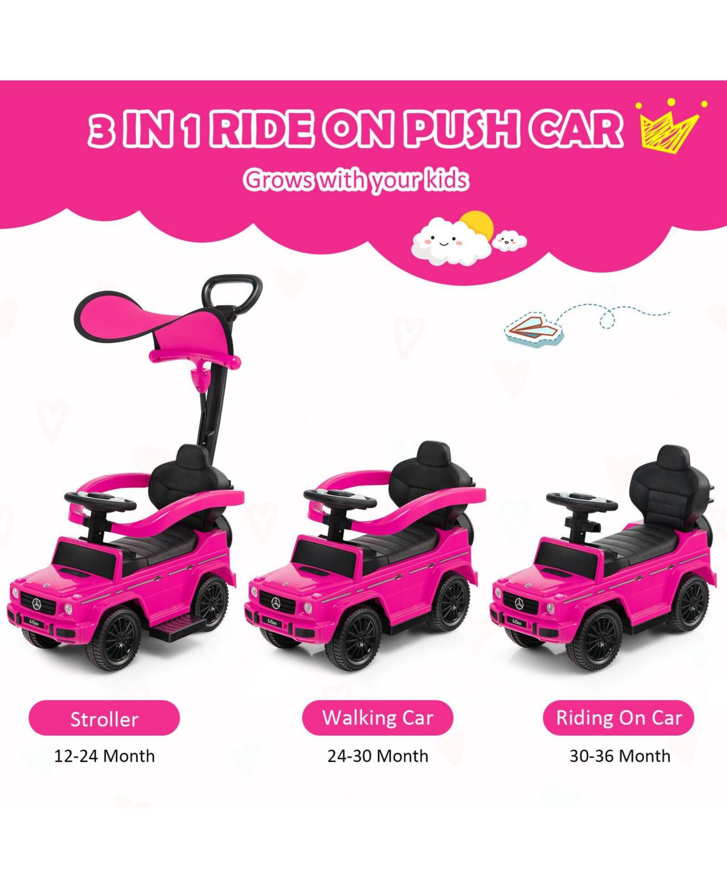Детская игрушка SKONYON 3-in-1 Mercedes-Benz G350 Ride-On Push Car with Rotatable Canopy, Ages 12-36 Months, цвет: Розовый — фото 10