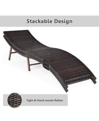 Set of 2 Folding Wicker Chaise Portable Lounge Chair w/ Double Sided Cushion