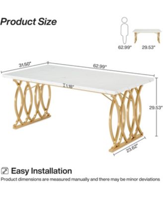 Modern Dining Table, 63" Large Kitchen Table for 4-6 People, Unique Rectangular Dinner Table Kitchen & Dining Room Furniture with Faux Marble Tabletop and Geometric Legs