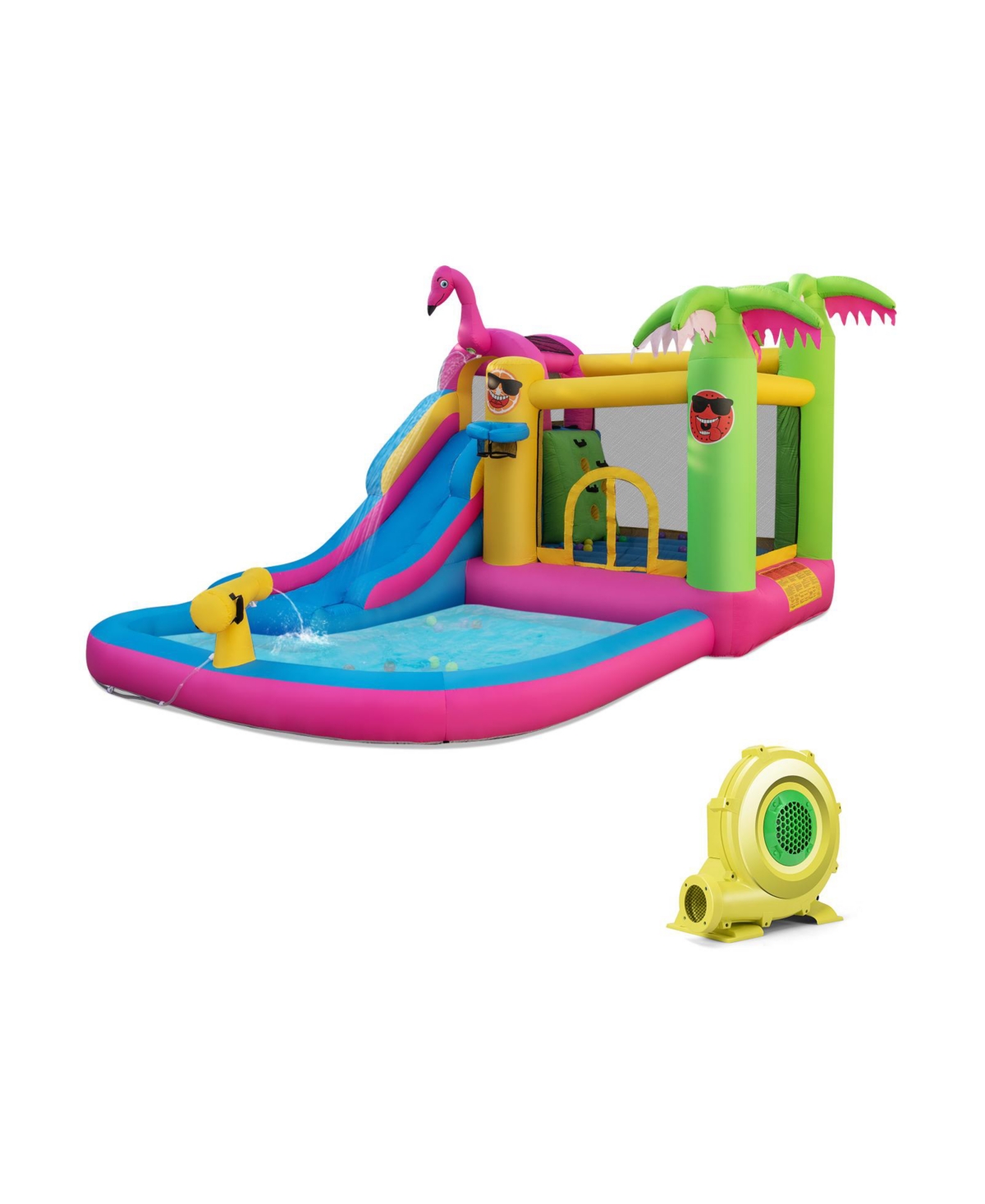 Inflatable Bounce Castle with Long Water Slide and 735W Blower - Blue