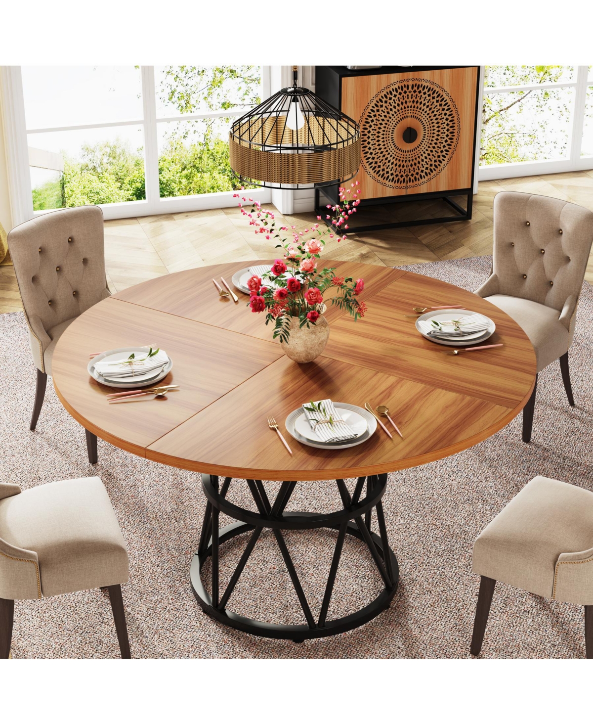 Tribesigns Round Dining Table for 4, Inches Kitchen Table Circle Dinner Table, Wood Dining Room Table for Kitchen Living Room, Metal Base