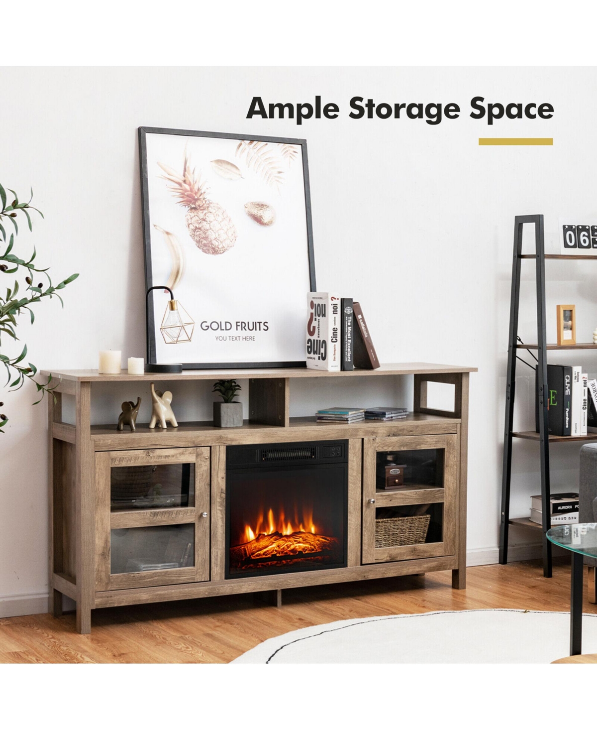 Gymax 58'' Fireplace Tv Stand W/18'' 1400W Electric Fireplace up to 65''- Natural