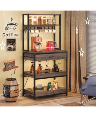 Bakers Rack with Power Outlets, 5-Tier Kitchen Storage Shelf, Microwave Oven Stand with Drawer, Kitchen Rack with 6 Hooks