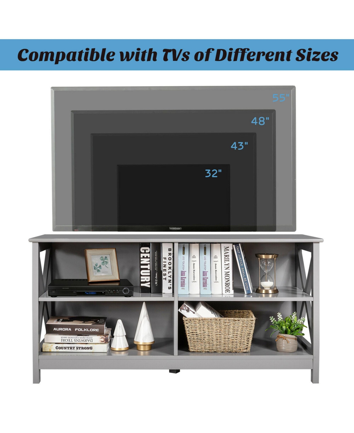 Gymax Tv Stand Entertainment Media Center for Tv's up to 55'' w/ Storage Shelves Gray