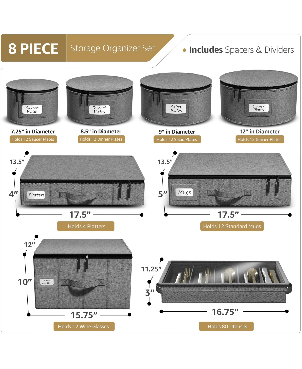 Sorbus 8 Piece Hard Shell Dinnerware Storage Cases - for Dinnerware, Mugs, Cups