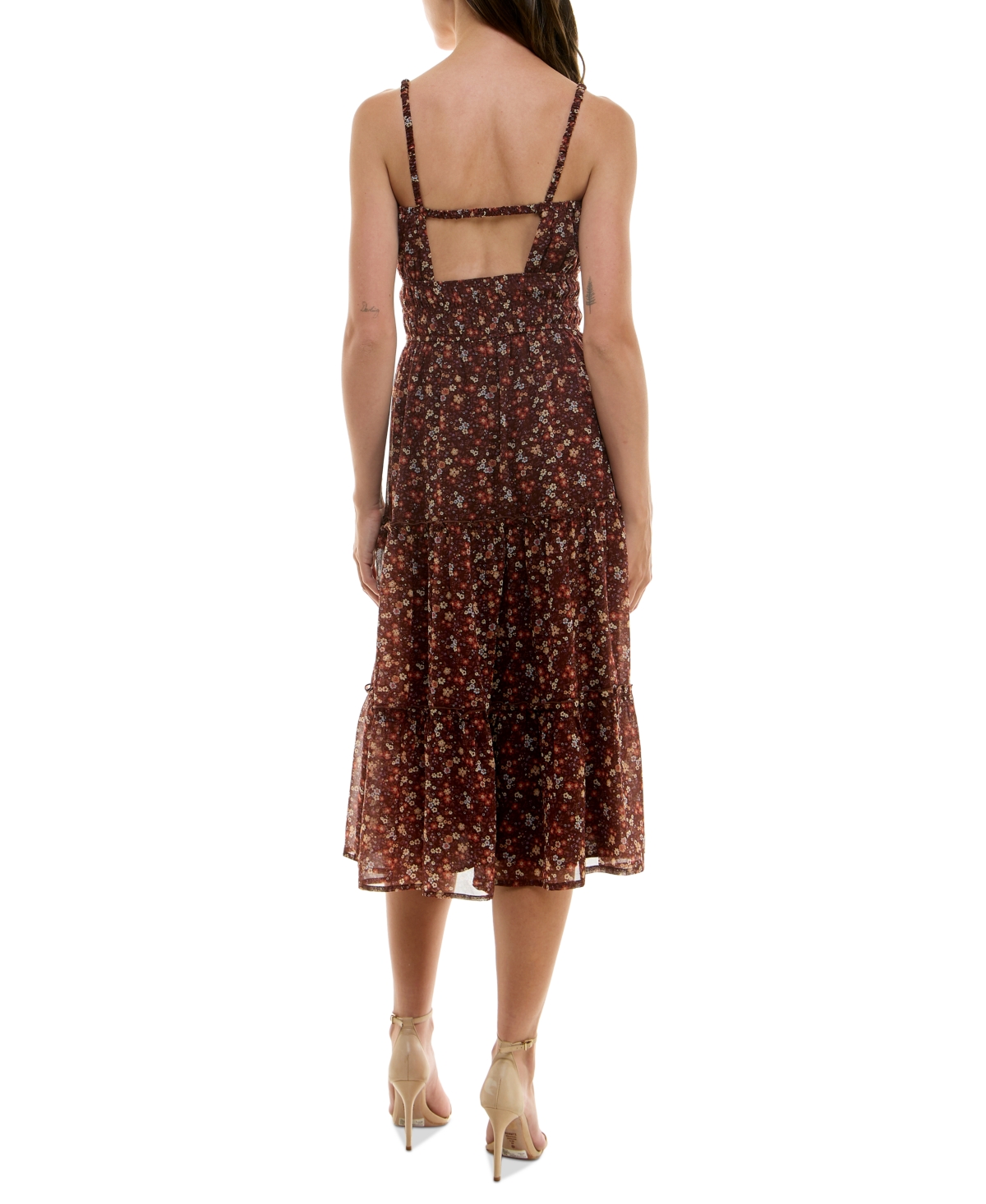 Trixxi Juniors' Cinched-waist Tiered Midi Dress In Brownflor