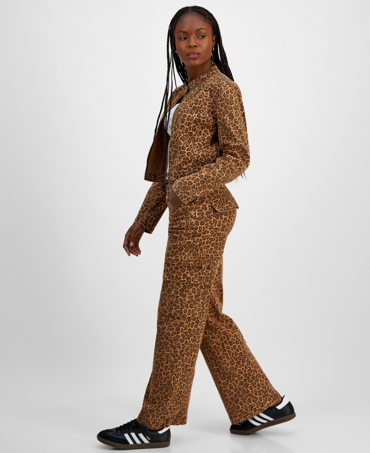 Tinseltown Juniors' Animal-Print Wide-Leg Cargo Pants