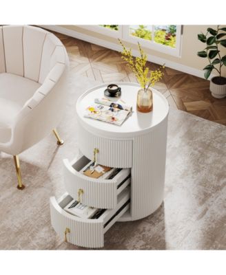 Nightstand with 3 Drawers, No Assembly Bedside Table Night Stand, Modern Round End Side Table with Storage and Gold Handles, White