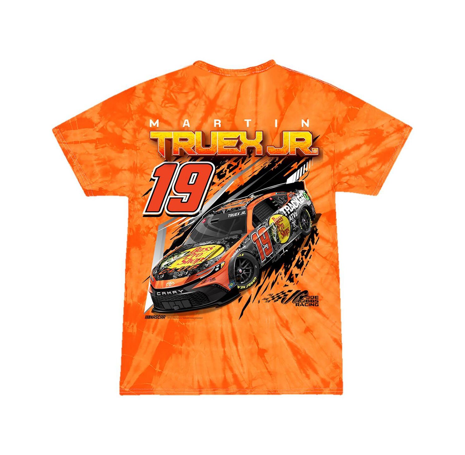 Big Boys and Girls Orange Martin Truex Jr Bass Pro Shops Car Tie-Dye T-Shirt