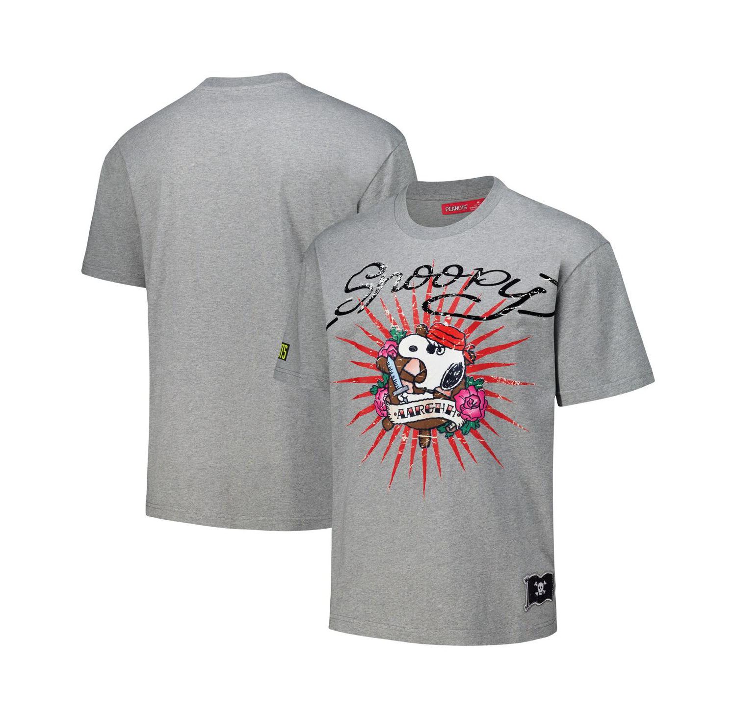 Men's Heather Charcoal Peanuts Snoopy Tattoo Loose Fit T-Shirt