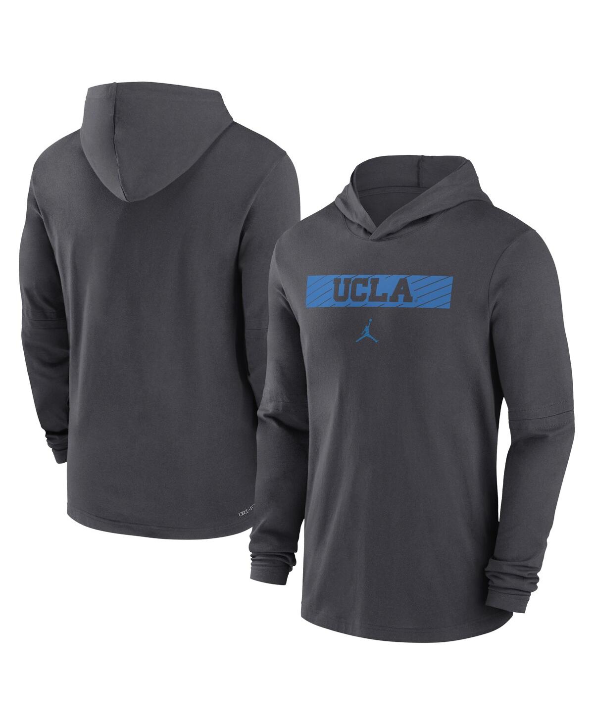 JORDAN MEN'S ANTHRACITE UCLA BRUINS SIDELINE HOODIE PERFORMANCE LONG SLEEVE T-SHIRT 