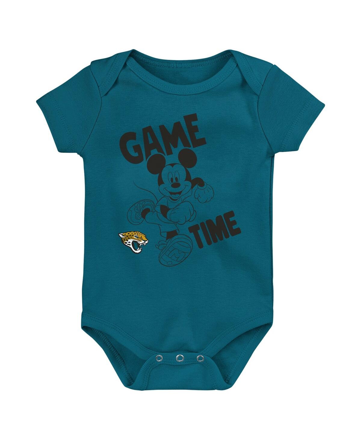 Outerstuff Baby Boys And Girls Teal/black/gray Jacksonville Jaguars Three-piece Disney Game Time Bodysuit Set In Teal,black