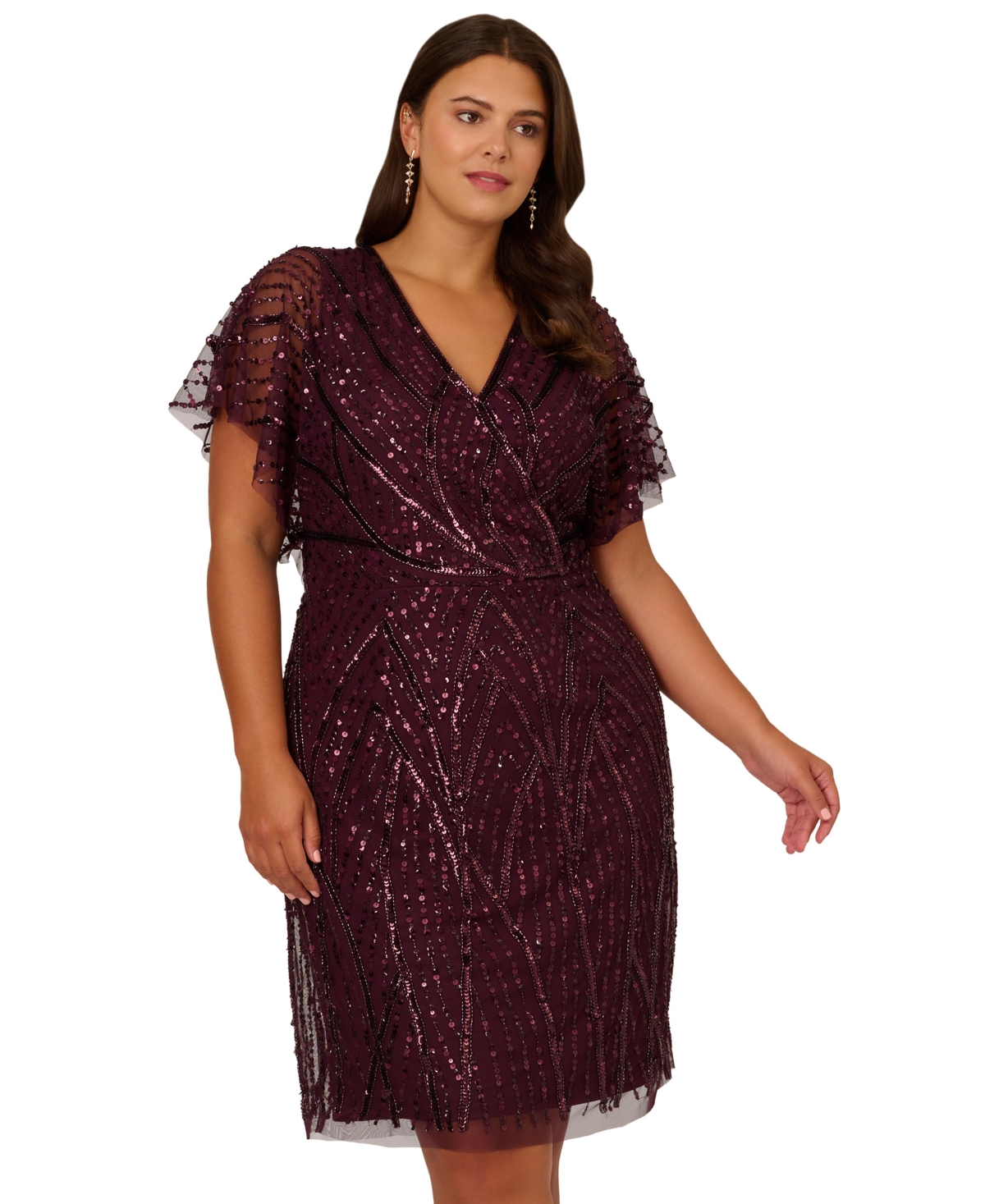 Adrianna Papell Embellished Flutter Sleeve Sheath Dress In Deep Amethys