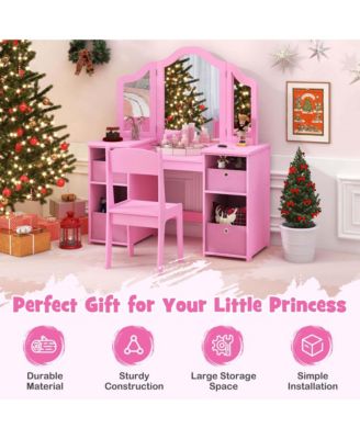 Kids Vanity Table &amp; Chair Set 2-in-1 Princess Pretend Play Makeup Vanity Set