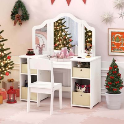 Kids Vanity Table Chair Set 2-in-1 Princess Pretend Play Makeup Set