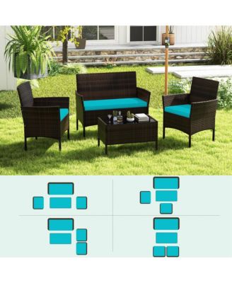 8 PCS Patio Furniture Set with Washable Cushions and Tempered Glass Coffee Table