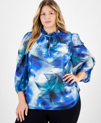 Anne Klein - Plus Size Watercolor-Print Ruffled-Neck Top