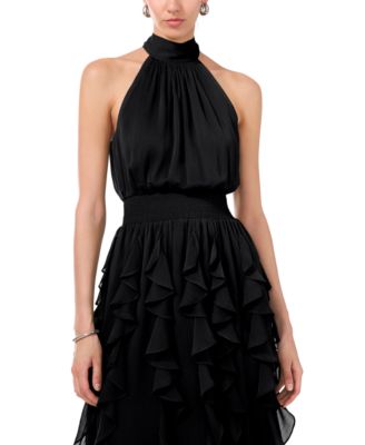 Women's Smocked Cascade-Ruffle Halter Maxi Dress