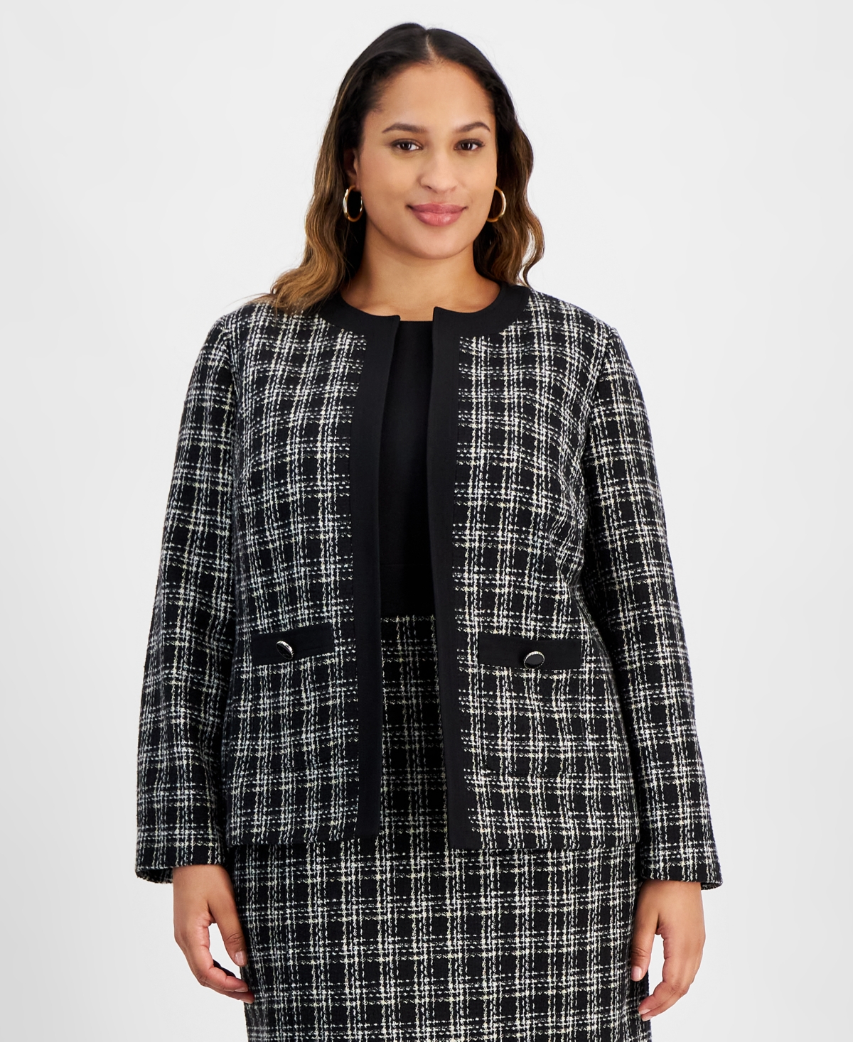 Kasper Plus Size Tipped Tweed Collarless Jacket In Black Multi