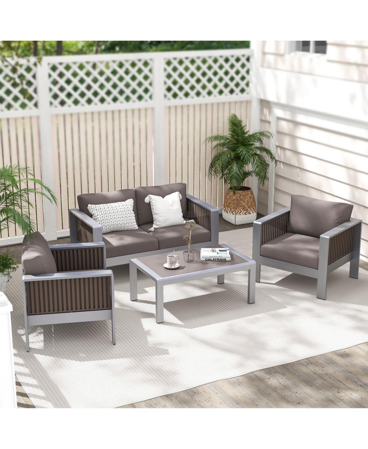 Slickblue Outdoor Rectangle Coffee Table with Tempered Glass Tabletop for Backyard Poolside-Grey