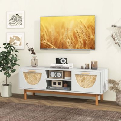 TV Stand for 55-Inch TVs with 2 Drawers & Bamboo Woven Fronts Solid Wood Legs