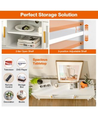 TV Stand Entertainment Media Console w/ 2 Rattan Cabinets & Open Shelves