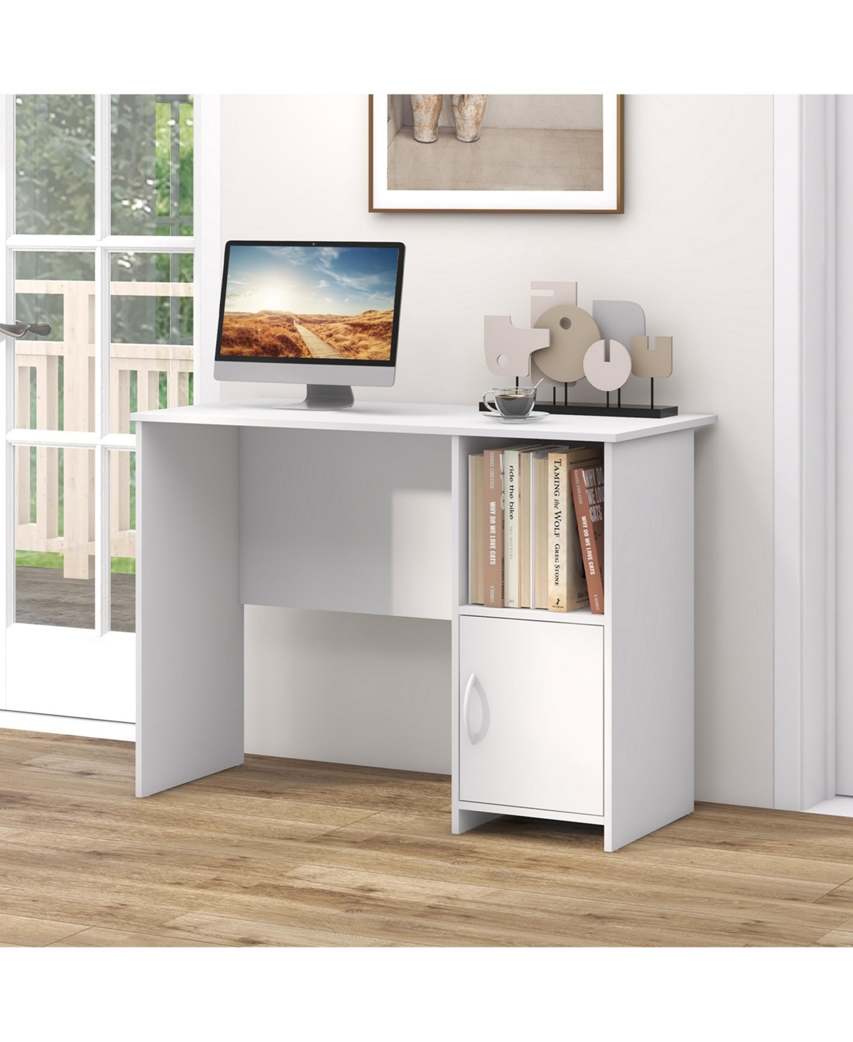 Costway Modern Computer Desk with Cabinet Cable Holes & Open Shelf Storage for Home Office