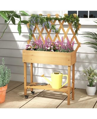 Wood Raised Garden Bed with Trellis Storage Shelf Wheels Liner Drainage Holes