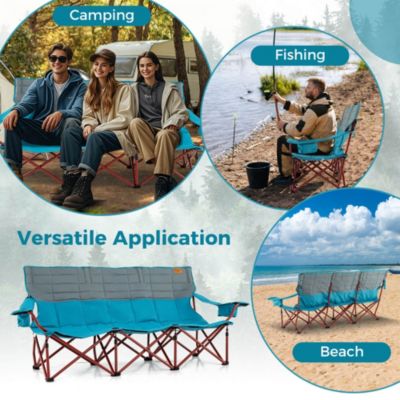 3 Person Folding Camping Chair Heavy-Duty Camp Couch with 2 Cup Holders Padding