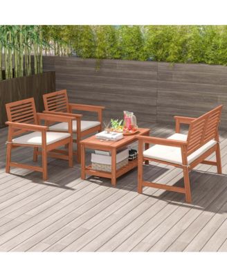 4 PCS Patio Conversation Set with Soft Seat Cushions 2-Tier Rectangle Coffee Table
