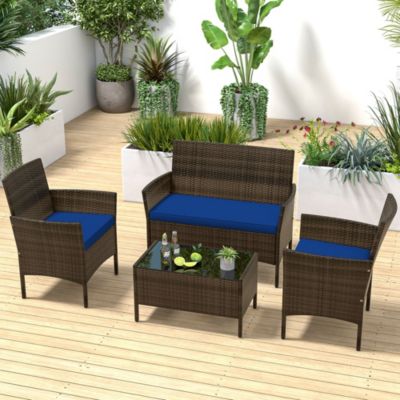 4 Piece Patio Furniture Set with Washable Cushions and Tempered Glass Coffee Table