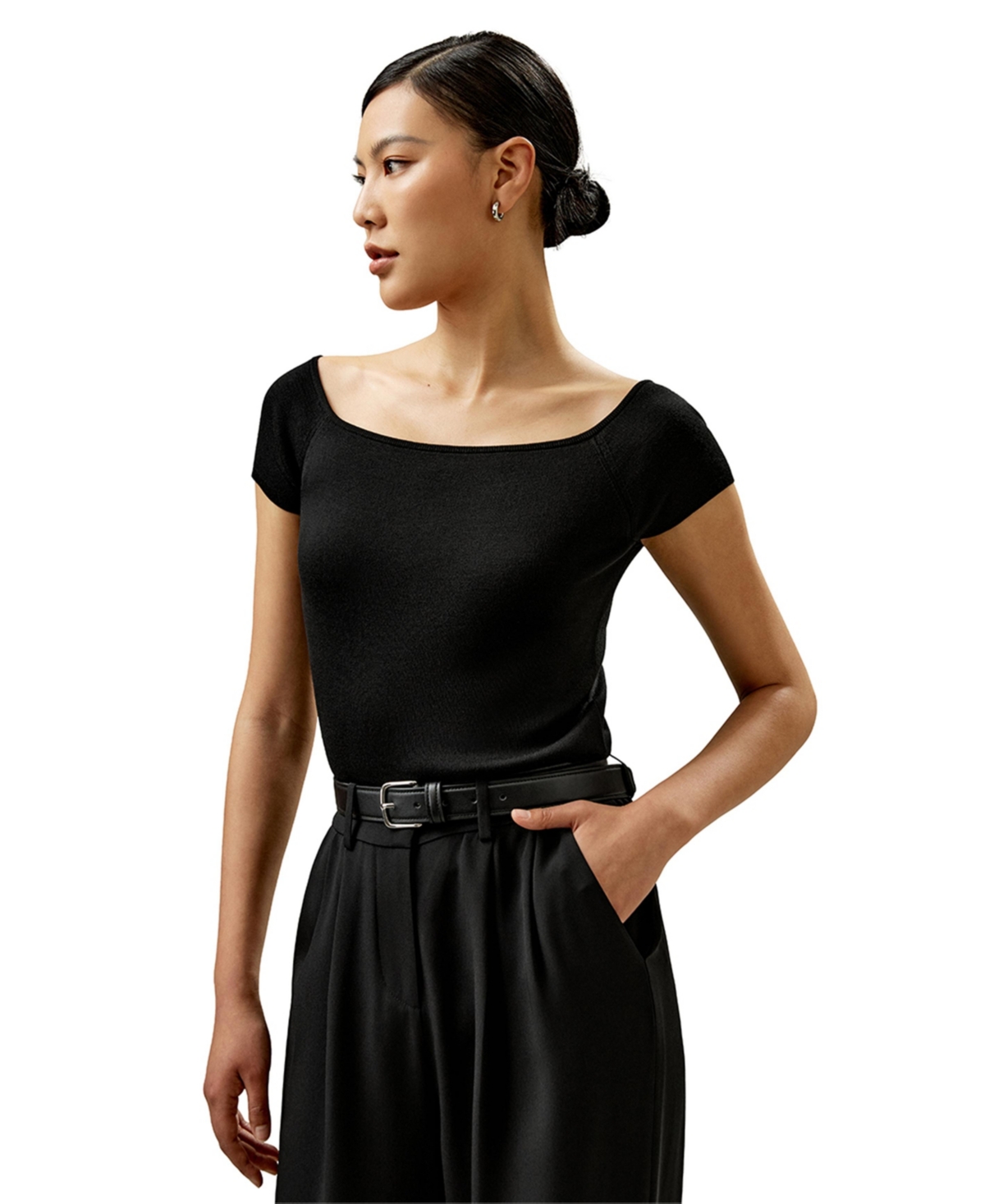 Off-Shoulder Silk Sweater Top for Women - Black