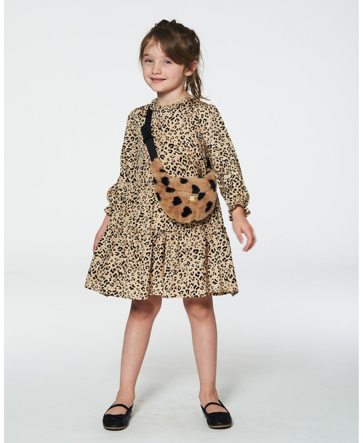 Deux par Deux Big Girls Long Sleeve Viscose Dress With Frill Printed- Leopard