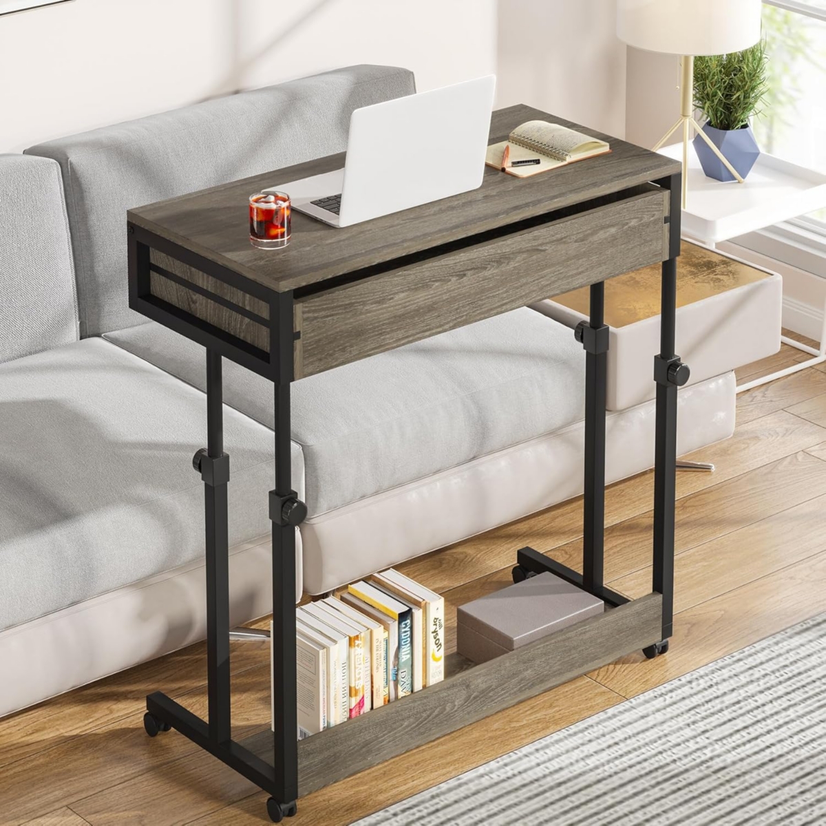 Tribesigns Portable Desk with Drawers, Mobile Laptop Desk with Wheels, Couch Desk Sofa Side Table Bed Desk, Small Standing Desk for Home Office