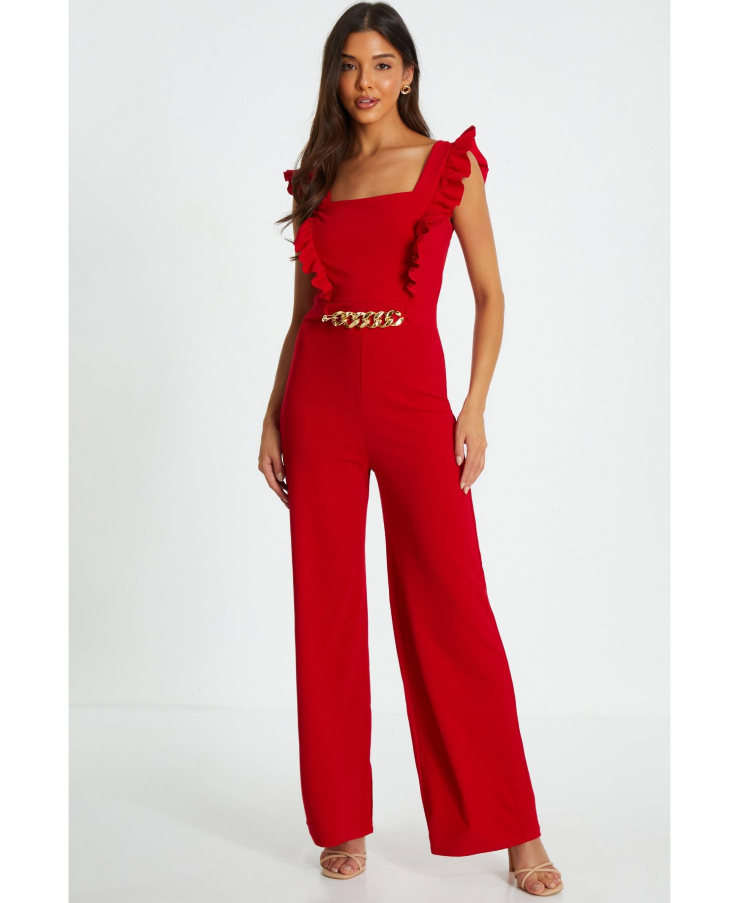 Women's Scuba Crepe Palazzo Frill Chain Jumpsuit - Red