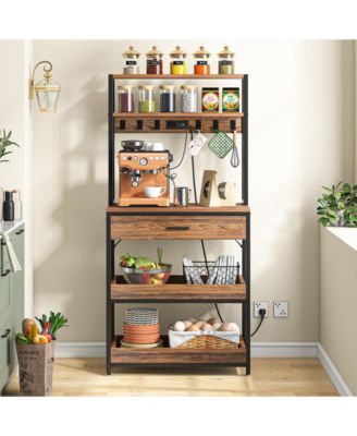 Bakers Rack with Power Outlets, 5-Tier Kitchen Storage Shelf, Microwave Oven Stand with Drawer, Kitchen Rack with 6 Hooks