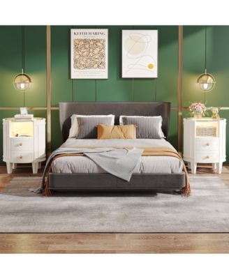 2-Drawer Nightstand with Glass Tabletop, Modern White Oval LED Nightstands, No Assembly Required, Oval Round Night Stand Side Table for Bedroom