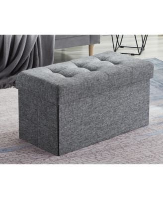 Collapsible Tufted Linen Bench Storage Ottoman