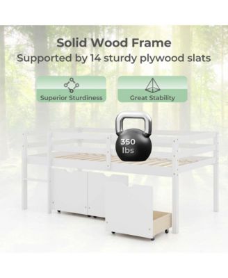 Twin Size Low Loft Bed with 3 Drawers Ladder & Full-length Guardrails Storage