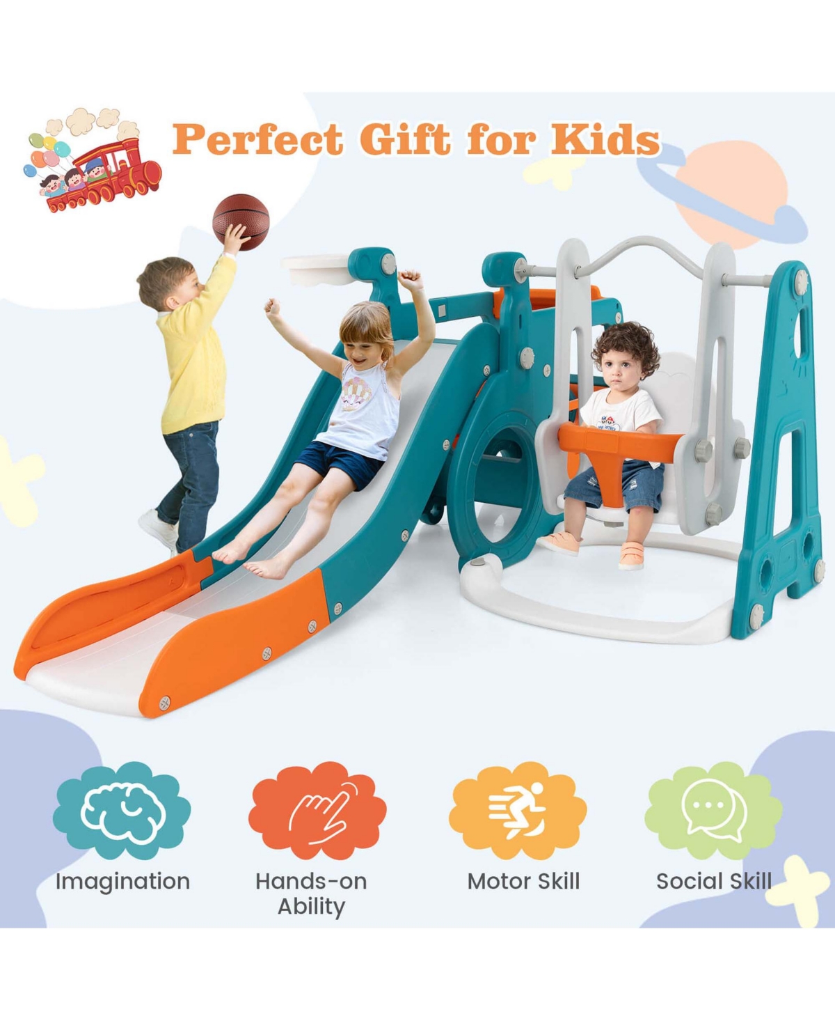 Costway 5-in-1 Toddler Slide Set with Basketball Hoop and Swing Baby Slide Playset Indoor
