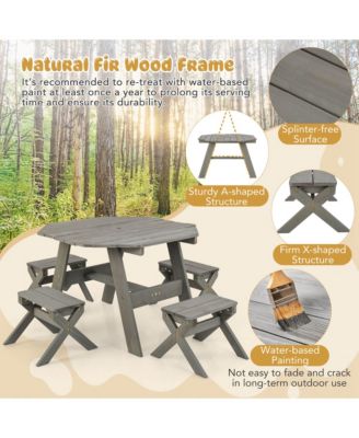 Kids Wooden Table Set with Octagon Table 4 Stools & Removable Adjustable Umbrella