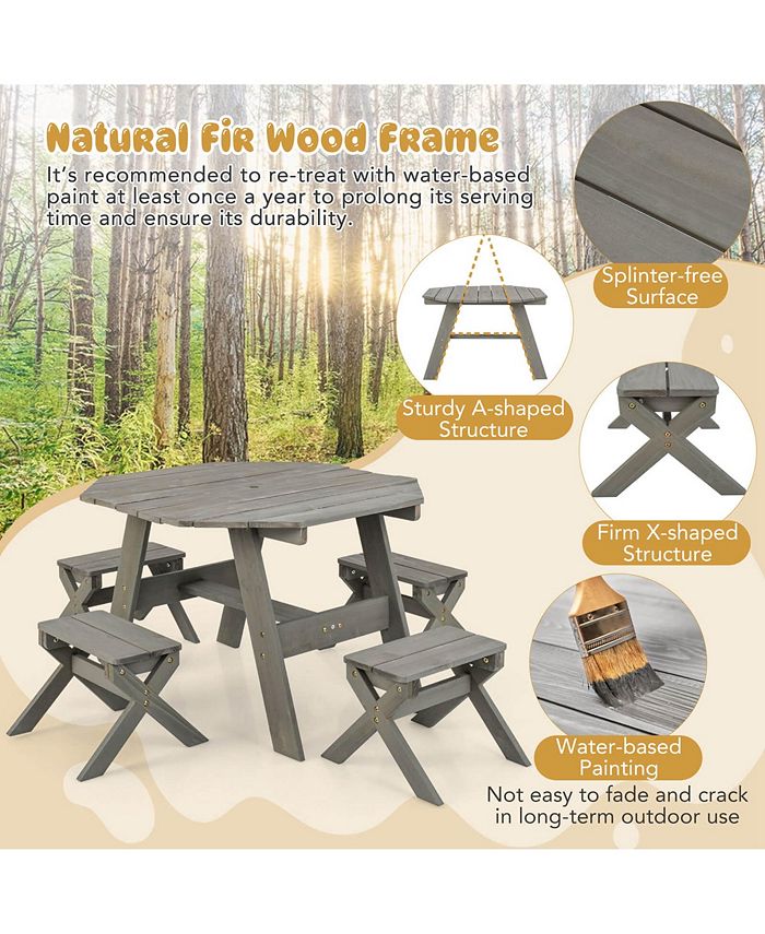 Costway Kids Wooden Table Set with Octagon Table 4 Stools & Removable
