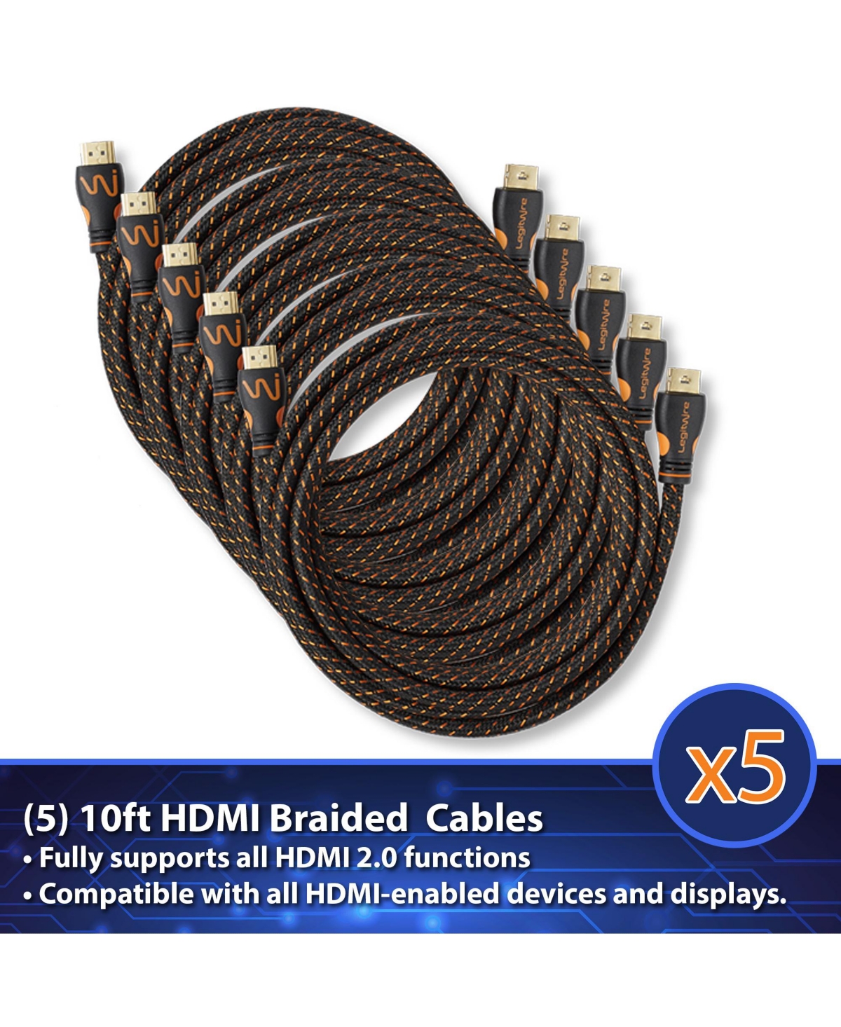 LegitWire 10 ft 4K High Speed Hdmi Cables, 5 Pack - 18Gbps Hdmi 2.0 (4K 60hz Hdr Uhd 4:4:4 Chroma) - Ethernet - Locking Head - Deep Color Ultra Hd wit