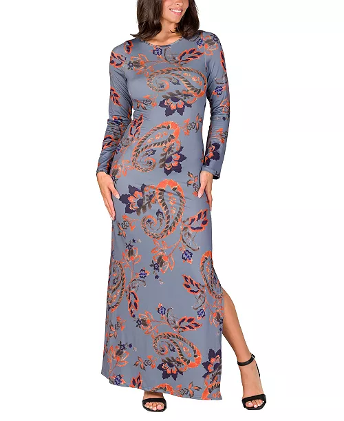 women's grey long sleeve side slit fitted maxi dress