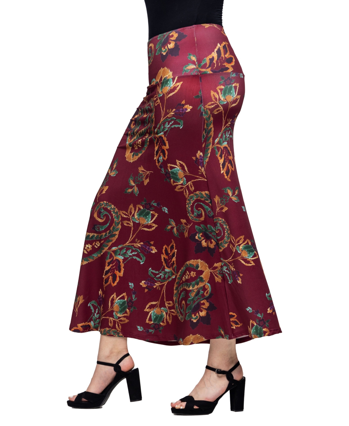 24SEVEN COMFORT APPAREL WOMEN'S WINE PRINT ELASTIC WAIST A LINE MAXI SKIRT 