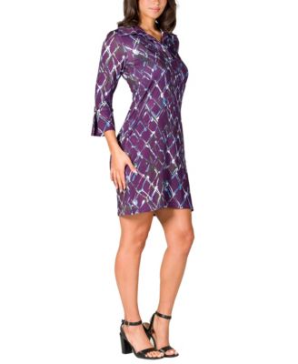 Women's Purple Print Three Quarter Sleeve Mini Dress
