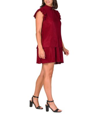 Women's Ruffle Cap Sleeve High Neck Pleated Mini Dress
