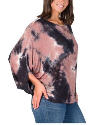 Women's Mocha Tie Dye Batwing Sleeve Relaxed Fit Top
