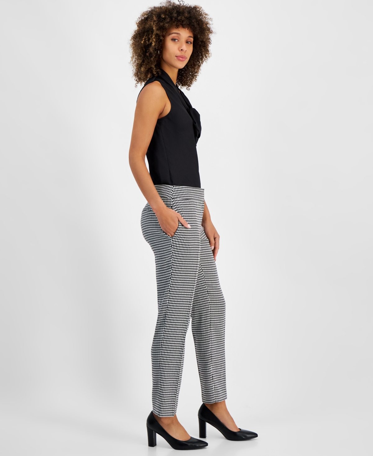 Kasper Women's Houndstooth Print Mid Rise Straight-Leg Pants, Regular and Petite Sizes -White